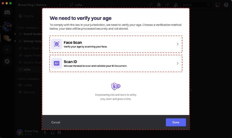 Скриншот окна подтверждения возраста в Discord: диалог с опциями «скан лица» и «скан ID» на тёмном фоне интерфейса.