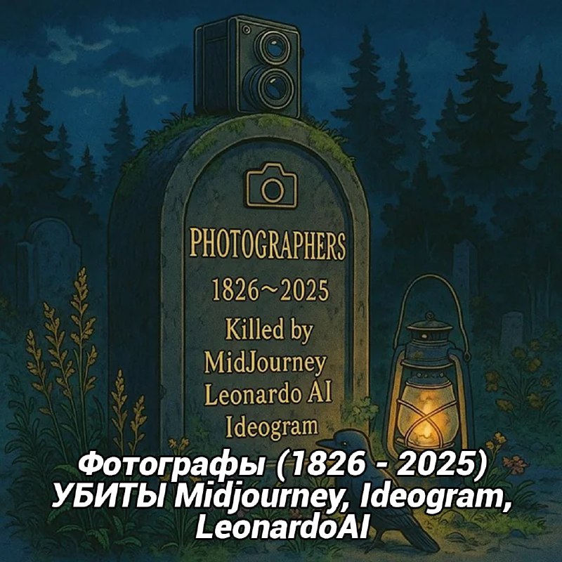Мультяшное надгробие для фотографов с надписью и перечислением генераторов изображений (ИИ), окружённое свечами и ночной растительностью.