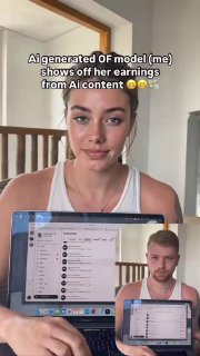 Сгенерированный нейросетью портрет модели на фоне экрана с интерфейсом и небольшой портрет автора справа, иллюстрация использования ИИ для контента.