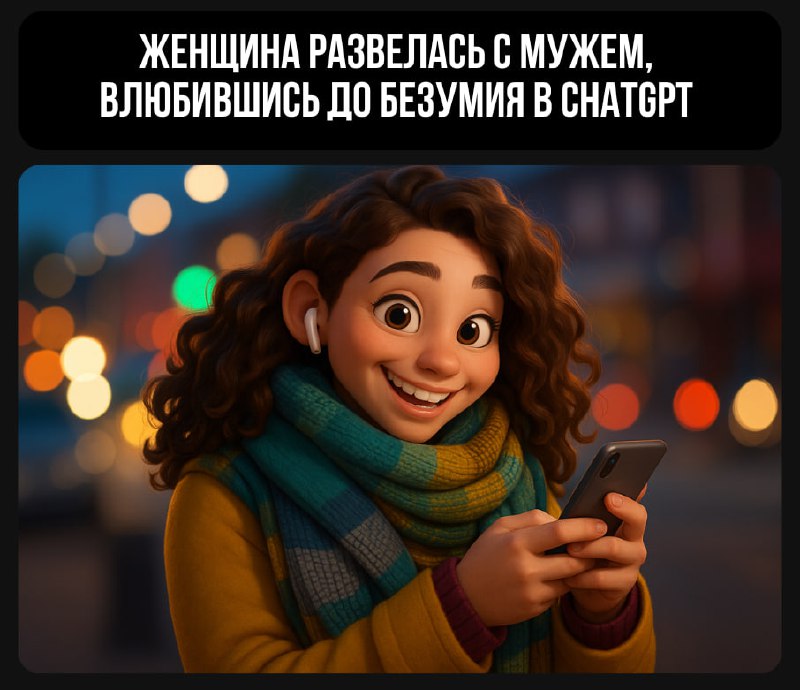 Иллюстрация улыбающейся женщины с телефоном на фоне размытого ночного города, изображение для истории о виртуальном партнёре и эмоциональной близости