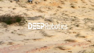 Превью с логотипом DEEPRobotics на фоне пересечённого сухого ландшафта: песок и камни, подчёркивающие экстремальные условия.