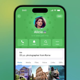 Скриншот профиля в Telegram: карточка пользователя с аватаром, кнопками вызова и поиска, а также превью публикаций в интерфейсе приложения.
