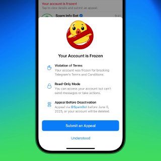 Скриншот окна «Ваш аккаунт заморожен» в Telegram с пояснением причин, режимом «только чтение» и кнопкой подачи апелляции через интерфейс приложения.