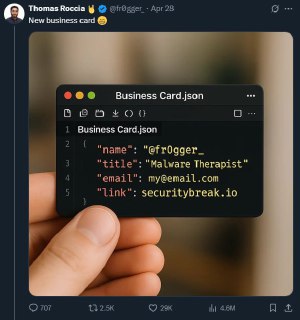 Рука держит изображение с мини-экраном редактора, где открыт файл Business Card.json и показан пример визитки в формате JSON
