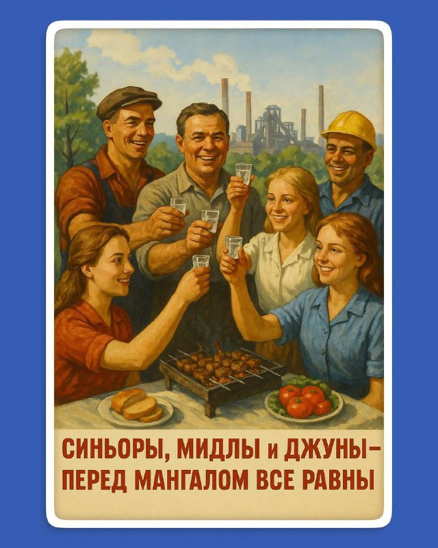 Винтажный плакат в советском стиле: группа людей поднимает бокалы за столом рядом с мангалом, праздничная майская атмосфера и ретро-иллюстрация.