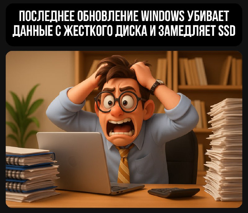 Иллюстрация: взволнованный человек за ноутбуком в офисе, держится за голову, рядом стопки бумаг; подпись о потере данных и замедлении SSD