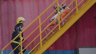 Робот-собака Unitree B2 поднимается по металлической лестнице рядом с пожарным в защитном шлеме, демонстрация проходимости и устойчивости