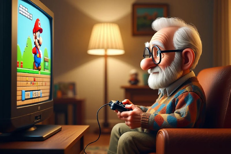Пожилой мужчина в кресле с джойстиком играет в видеоигру Super Mario на телевизоре в уютной гостиной с лампой на заднем плане.