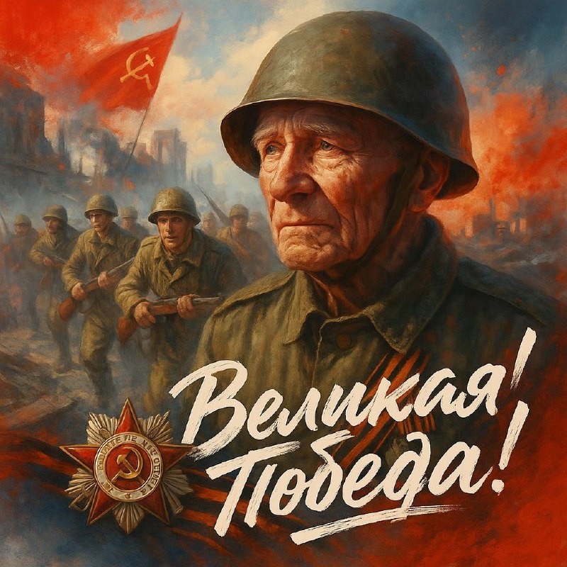 Иллюстрация: пожилой солдат в каске на фоне бойцов и красного флага с серпом и молотом, медаль и торжественная атмосфера праздника.