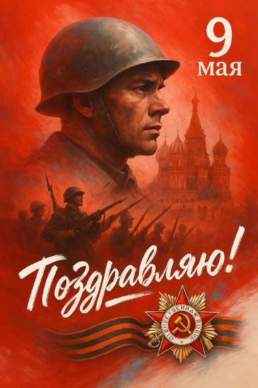 Портрет солдата в каске на красном фоне с силуэтом боевых сцен и стилизованными архитектурными силуэтами, праздничная композиция.
