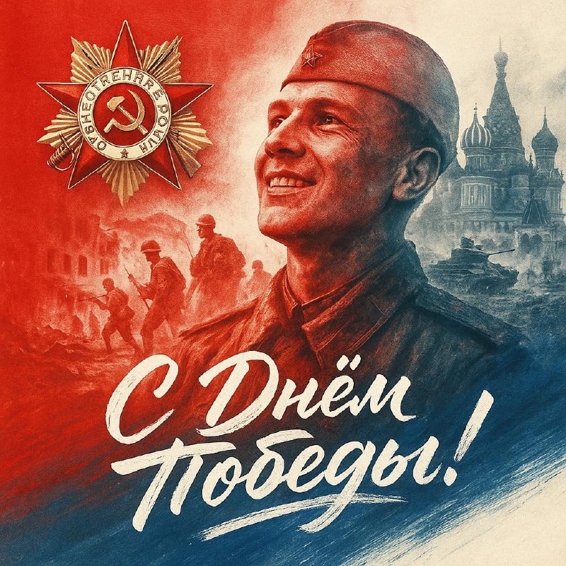 Улыбающийся солдат в форме на фоне города и боевых сцен, рядом изображение ордена с серпом и молотом и патриотическая цветовая палитра.