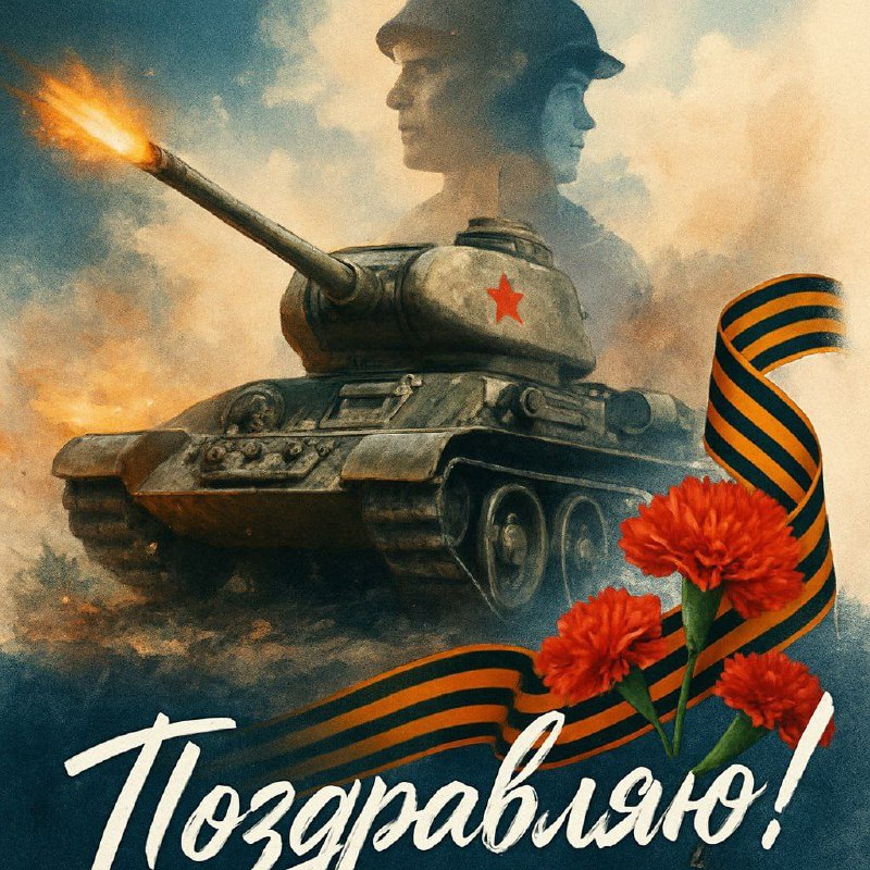 Композиция с танком, силуэтом бойца, георгиевской лентой и красными гвоздиками на фоне драматичного неба в мемориальном стиле.