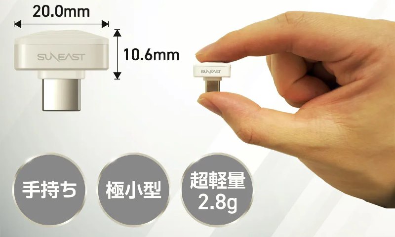 Крупный план крошечной белой флешки Suneast USB‑C в пальцах, показаны размеры и выступ 10,6 мм, указание веса 2,8 г на изображении.