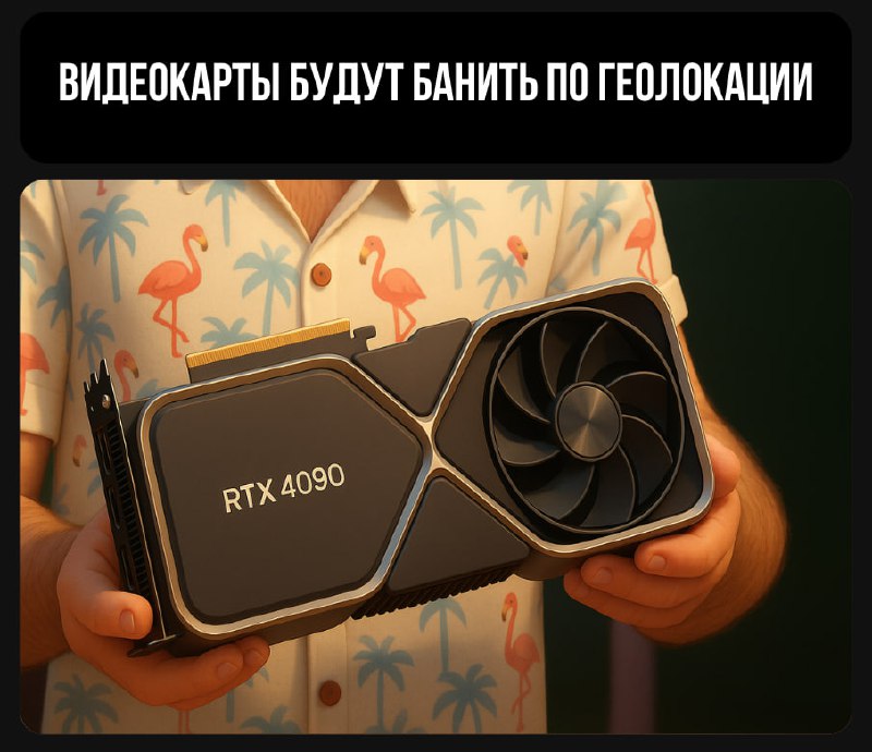 Руки держат видеокарту RTX 4090 на тёмном фоне; видна рубашка с фламинго и заголовок о блокировке карт по геолокации.