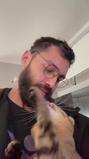 Бородатый мужчина в очках принимает собаку, которая лижет его подбородок; интерьер кухни виден на фоне; близкий план, тёплая сцена.