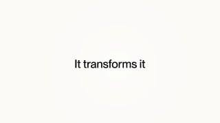 Минималистичный белый кадр с чёрным текстом «It transforms it», рекламная заставка, передающая идею трансформации продукта.