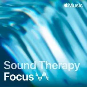 Обложка Apple Music: сине-бирюзовая абстрактная графика с надписью «Sound Therapy Focus», оформление плейлиста для концентрации.