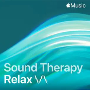 Обложка Apple Music: бирюзово-зелёная абстрактная графика с надписью «Sound Therapy Relax», оформление плейлиста для релакса.