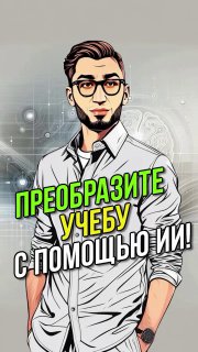 Яркая иллюстрация в рекламном стиле: молодой мужчина в очках на абстрактном технологическом фоне и крупная надпись «Преобразите учебу с помощью ИИ!», подчёркивающая тему обучения с ИИ.