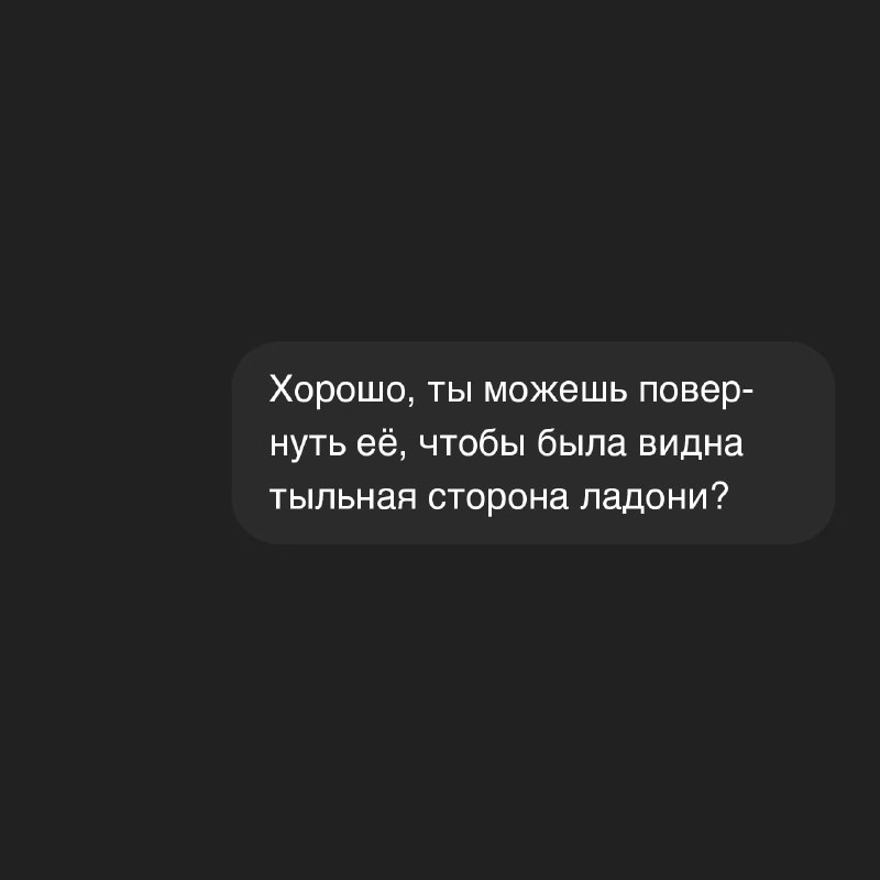 Тёмный интерфейс с диалоговым сообщением в рамке: текст запроса повернуть руку так, чтобы была видна тыльная сторона ладони, нет других объектов.
