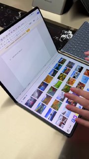 Фото складного ноутбука Huawei, разложенного на столе с гибким OLED‑экраном; видна рука и панель миниатюр изображений.
