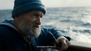 Кадр со зрелым мужчиной в морской рубашке на фоне океана, сценическая сцена из проморолика или видеогенерации.