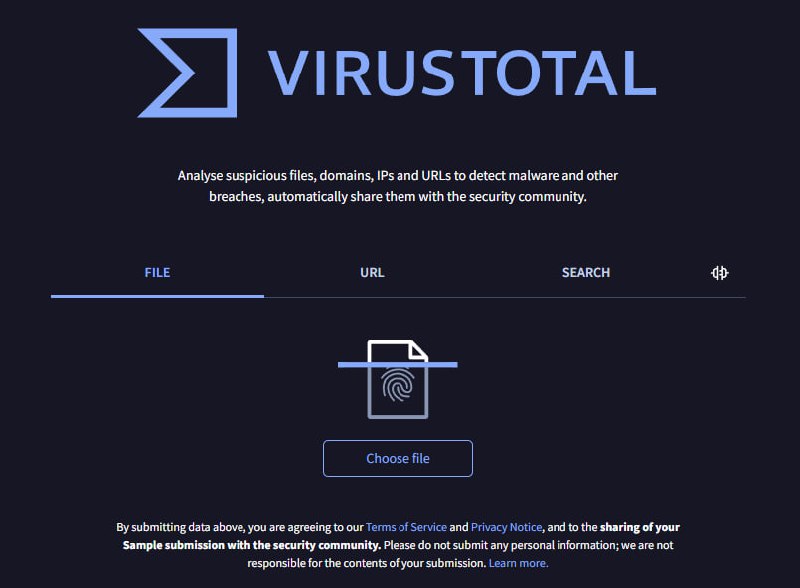 Скриншот VirusTotal: тёмный интерфейс с логотипом, полем загрузки файла и вкладками для проверки URL, доменов и IP.