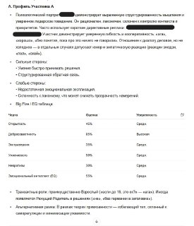 Фрагмент документа с таблицами и оценками — пример шаблона вывода с распределением показателей Big Five и EQ для участников диалога.