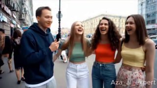 Кадр превью: ведущий с микрофоном берет уличное интервью у группы улыбающихся молодых женщин, вокруг видны прохожие и город.