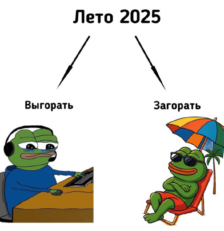 Мем «Лето 2025»: две картинки с пепе — слева за компьютером в наушниках с подписью «Выгорать», справа на шезлонге под зонтом «Загореть».