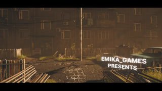 Скриншот из игры: пустынная постсоветская улица с заброшенными домами, ржавыми ограждениями и фирменной надписью студии на экране, мрачная атмосфера.