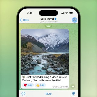 Скриншот iPhone: в Telegram открыт пост с пейзажной фотографией, видны показатели лайков, комментариев и элементы интерфейса канала.