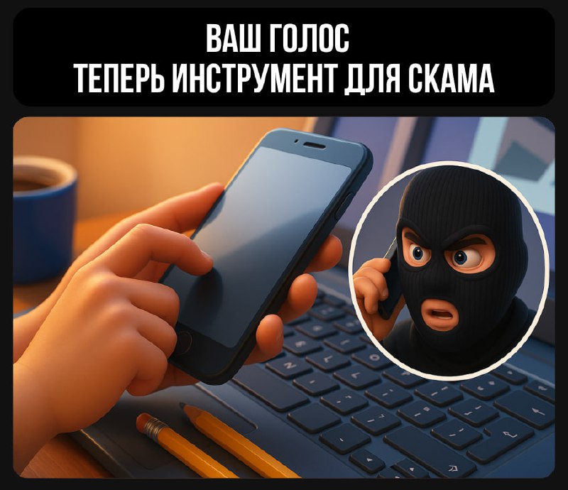 Иллюстрация: руки держат смартфон над клавиатурой; в круге — человек в маске, символ голосового мошенничества