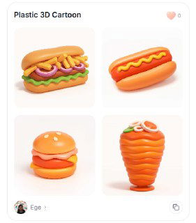 Коллаж из четырёх миниатюр в стиле «Plastic 3D Cartoon»: яркие пластиковые фигурки (бургеры, хот‑дог и др.) на светлом фоне — примеры промптов для генерации картинок.