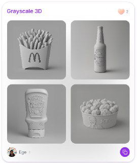 Чёрно‑белый коллаж «Grayscale 3D»: четыре 3D-объекта — коробка картошки, бутылка, упаковка и миска, выполненные в градациях серого — примеры промптов.