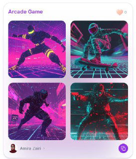 Яркие неоновые сцены «Arcade Game»: четыре миниатюры с персонажами в ретро-футуристичном окружении, неоновые розово-фиолетовые тона — примеры промптов.