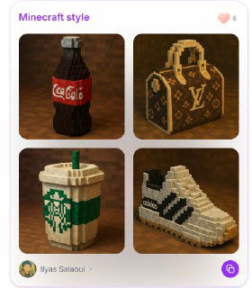 Сет миниатюр в стиле «Minecraft»: блоковая 3D‑стилизация предметов — бутылка, сумка, стакан и кроссовок в пиксельном кубическом дизайне — примеры промптов.