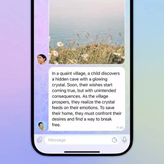 Скриншот интерфейса Telegram: окно чата с текстовым блоком на английском, на фоне поле с цветами.