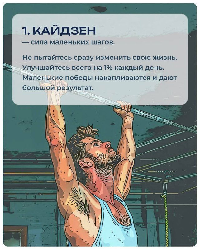 Карточка с пунктом 1 — «Кайдзен»: атлет тянется вверх в спортзале; текст объясняет силу маленьких шагов, стилизованная иллюстрация.