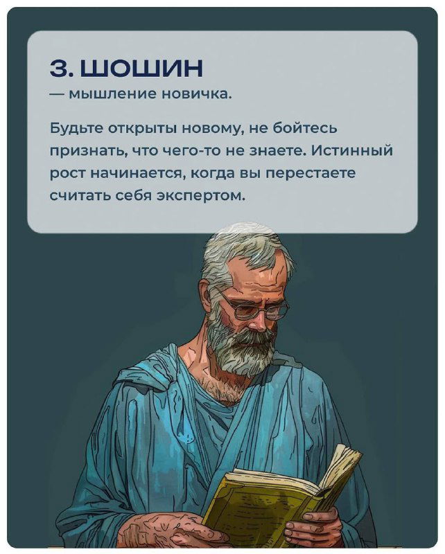 Карточка с пунктом 3 — «Шошин»: пожилой мужчина читает книгу; иллюстрация символизирует мышление новичка и открытость к новому.