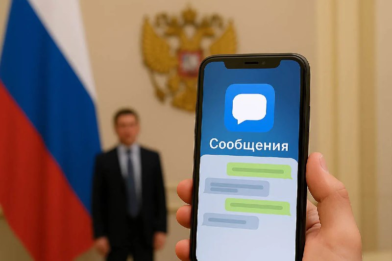 Смартфон в руках на фоне официального интерьера с российским флагом и гербом; на экране показан интерфейс мессенджера и слово «Сообщения».