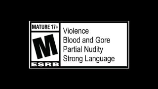 Чёрно-белая карточка рейтинга ESRB с пометкой M (17+), перечень предупреждений о насилии, крови, частичной наготе и грубой лексике.