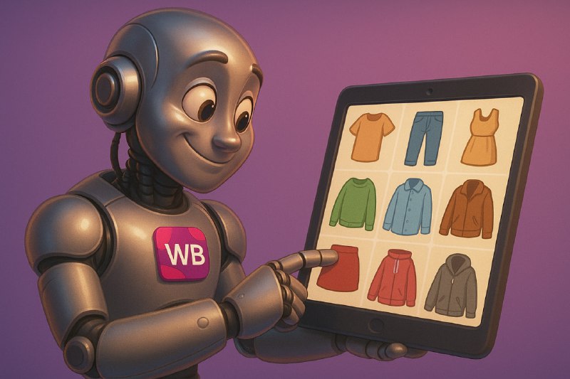 Иллюстрация: дружелюбный робот с логотипом WB держит планшет с витриной одежды, символизируя чат-ассистента для шопинга в мобильном приложении.