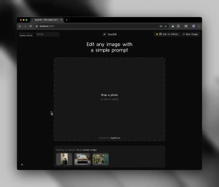 Скриншот веб-интерфейса редактора на тёмном фоне: поле загрузки фото, подсказка для простого редактирования и миниатюры изображений.