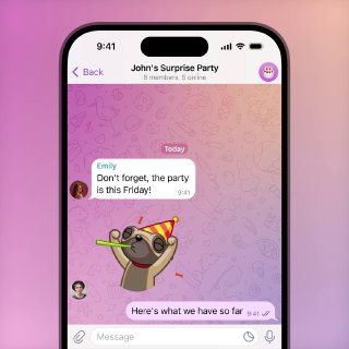 Скриншот интерфейса Telegram на смартфоне: чат с крупным стикером в стиле вечеринки, видны пузырьки сообщений и верхняя панель приложения.