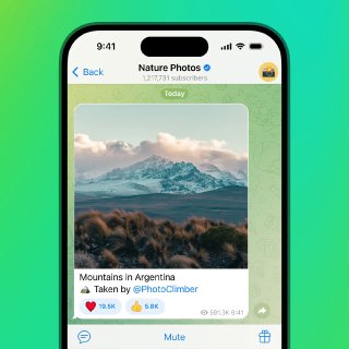Скриншот канала Telegram с публикацией фотографии горного пейзажа: превью изображения, подпись и элементы интерфейса для реакций и статистики.