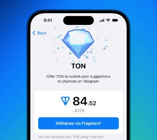 Скриншот экрана в Telegram, демонстрирующий интерфейс с логотипом TON, балансом монет и кнопкой вывода средств в приложении.