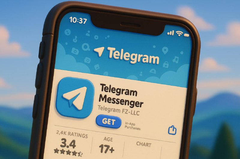 Фото экрана смартфона с открытой страницей Telegram в магазине приложений: логотип, кнопка «GET» и часть рейтинга на фоне размытого пейзажа.