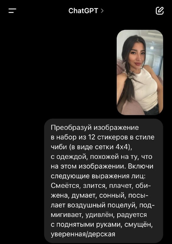 Скриншот диалога с чат-ботом: сообщение с русским промптом и маленьким превью фотографии, отправленной для генерации стикеров.