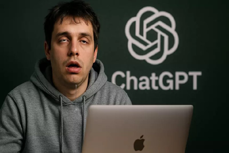 Фотография уставшего мужчины за ноутбуком MacBook на фоне логотипа ChatGPT, иллюстрация усталости
